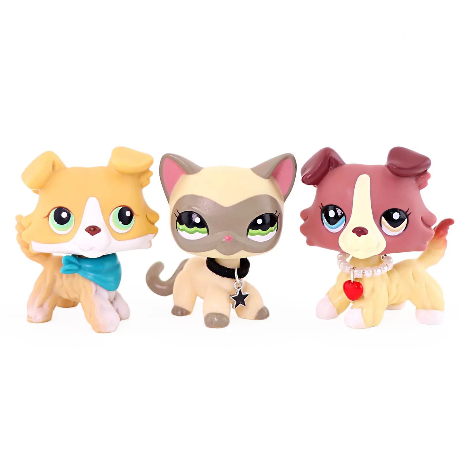 3 Pcs Smooth Plastic Cute Figurines Set - Collectible Animal Design Little Animals, 2 Collie Dogs & 1 Siamese Cat Character Figurine Toys with Bandana, Star Pendant, Heart Beaded Necklace, Collectibles for 3+ Kids, Birthday Party Favor, Animals Figurines