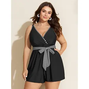 Women's Monochrome Striped Belted Tunic Length Adaptive-Fit Polyester Blend 1-Piece Swimsuit with Tummy Control - 2026 Summer Pick, Mother's Day Option, Sizes M-6X 2026 Summer Vibes Swimweek