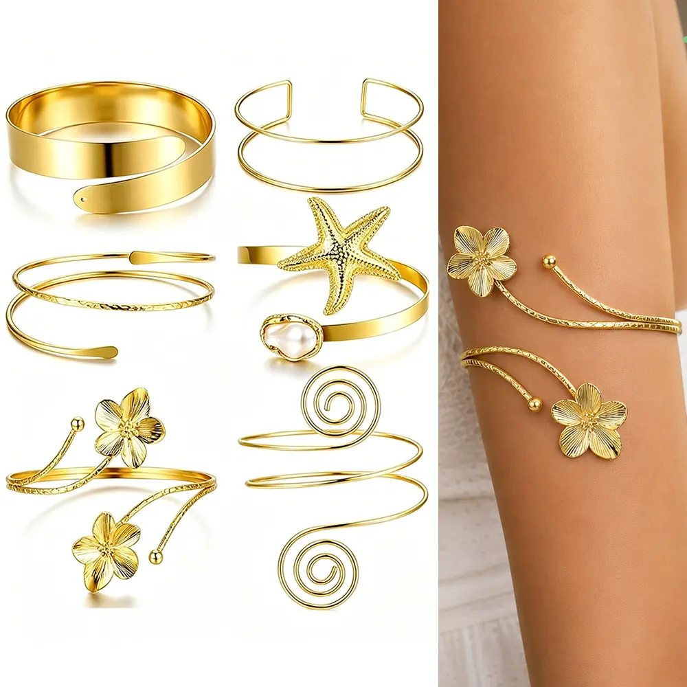 6-pcs Bohemian style gold upper arm armband set, open adjustable women's cuff bracelet, suitable for daily wear, beach parties, vacations