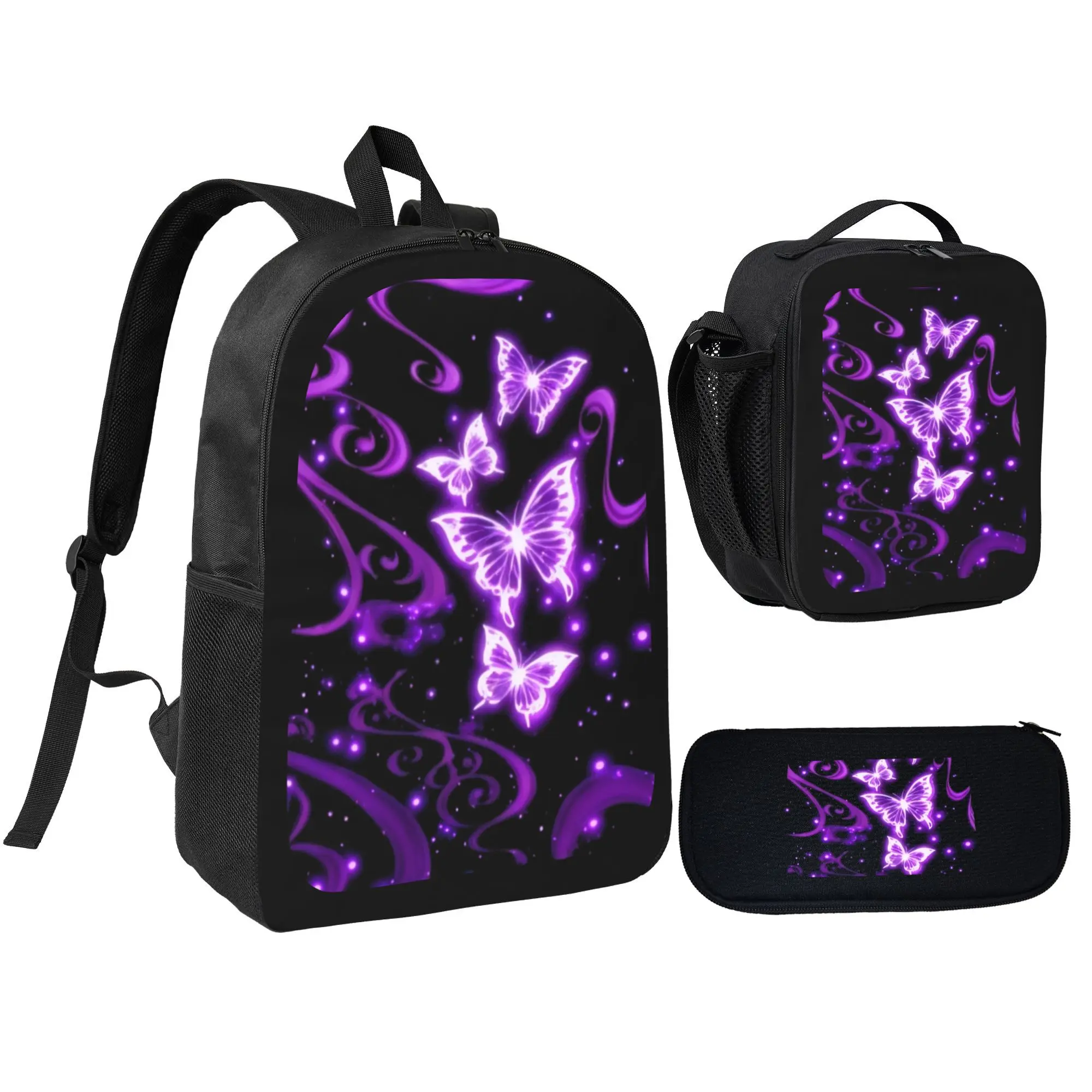 Purple Neon Glowing Butterfly Backpack Set 3 Pieces, Magical Swirl Sparkle Purple Butterfly Print Bookbag with Insulated Lunch Bag Pencil Case, Dark Fairy Aesthetic Back to School Backpack for Teen Girls Butterfly Lovers