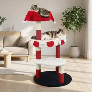 3-Tier Cat Tree, Modern Senior Friendly Cat Tower with Wide Shelves, Scratching Posts, Super Sturdy Base, Cozy Perches, and Interactive Toys for Indoor Kittens, 44.5'' Red & White