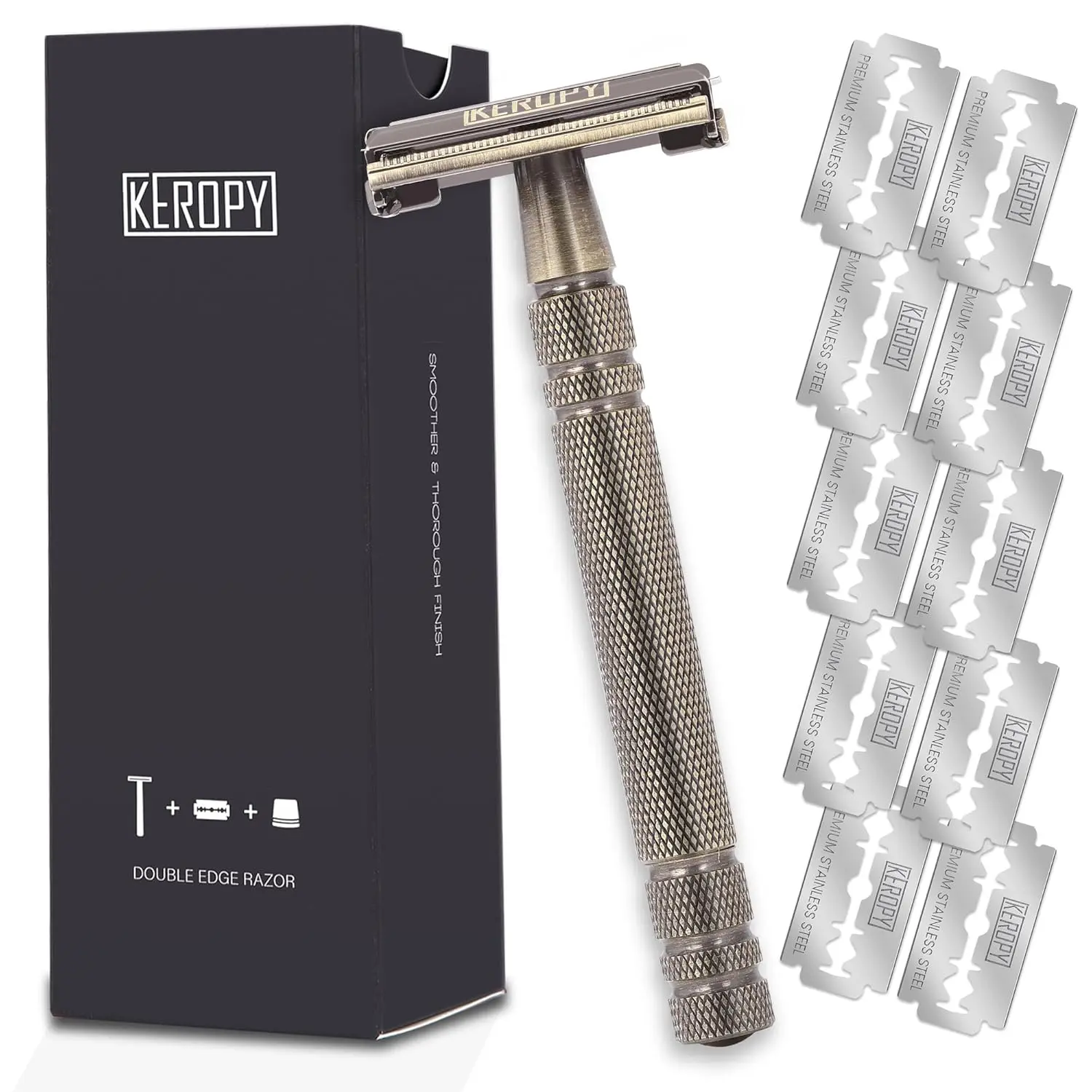 KEROPY Vintage Double Edge Safety Razor, Classic Brass Razor with Extended Handle, 10 Steel Blades KEROPY Vintage Double Edge Safety Razor, Classic Brass Razor with Extended Handle, 10 Steel Blades