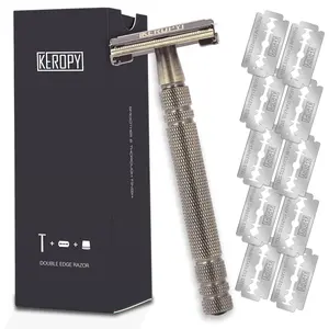 KEROPY Vintage Double Edge Safety Razor, Classic Brass Razor with Extended Handle, 10 Steel Blades