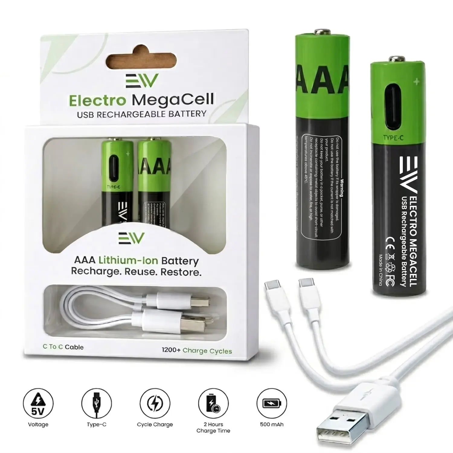 AAA Reusable Lithium-Ion Batteries, 2-Pack, Compact & Easy to Store, for Electronic Devices & Wireless Gadgets, with Charging Cable