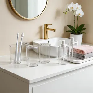 6Pcs Clear Bathroom Accessory Set with White Pumps 2 Soap Dispensers 4 Toothbrush Holders Modern Minimalist Organizer Space Saving Easy Clean BPA Free