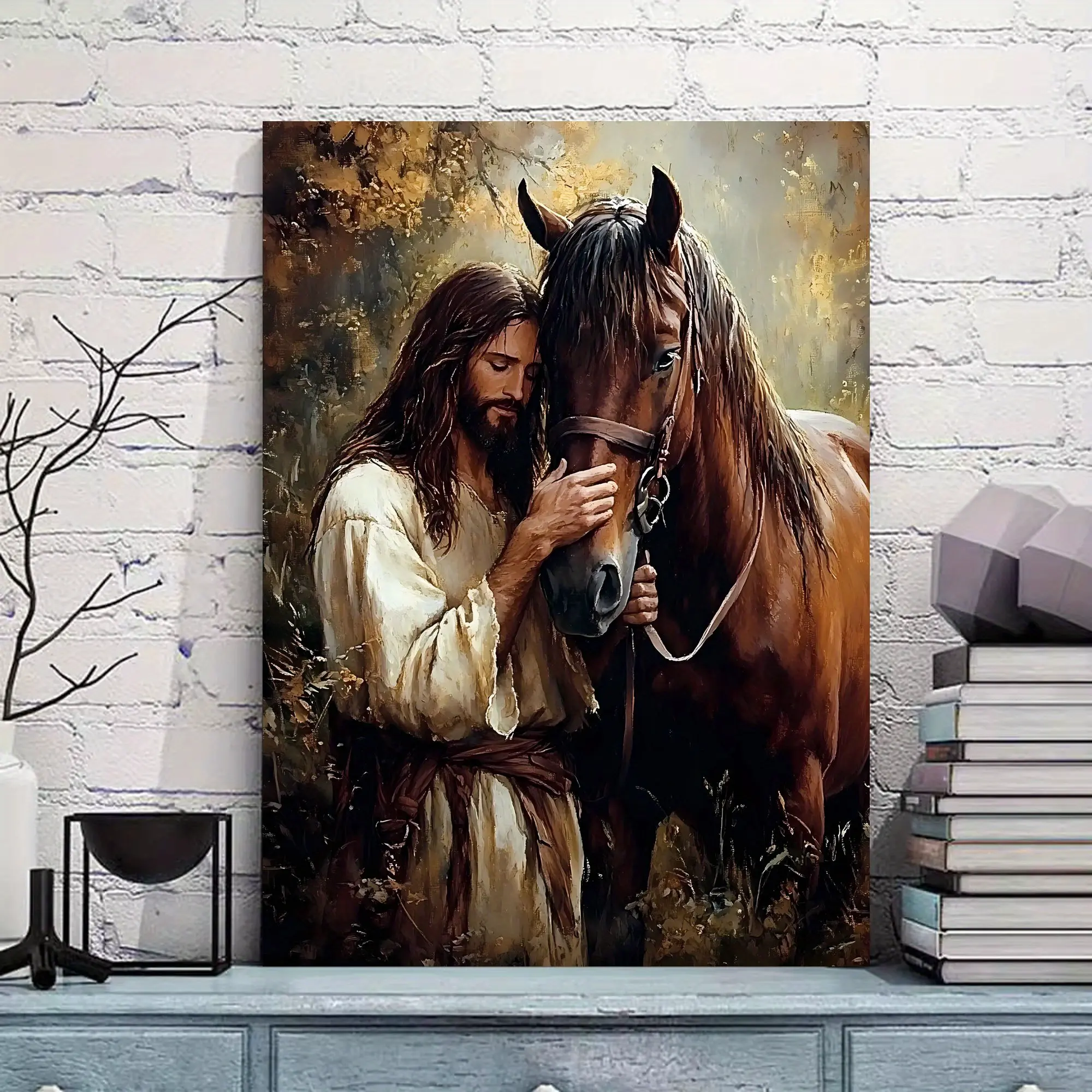 Frameless Canvas Art Painting - 12x16in Jesus Touching Horse Head Artistic Wall Art, Home Office Room Decor Decoration for Bedroom, Living Room