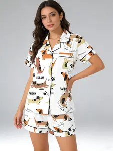Girly White Dachshund Pajama Set for Women, Button Down Short Sleeve, Spring Summer Casual Loungewear, Cute Dog Print, Gentle Fresh Homewear