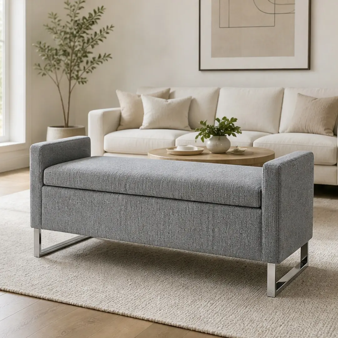 ARCH 47" Storage Ottoman Bench with Lid, Upholstered Entryway Bench for Bedroom Living Room, End of Bed Bench with Metal Base, Dark Grey Polyester, Large Hidden Storage for Pillows Blankets, DARK GREY Color Options, Polyester Material