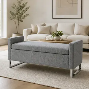 ARCH 47" Storage Ottoman Bench with Lid, Upholstered Entryway Bench for Bedroom Living Room, End of Bed Bench with Metal Base, Dark Grey Polyester, Large Hidden Storage for Pillows Blankets, DARK GREY Color Options, Polyester Material