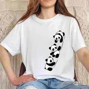 Women Short Sleeve Top Summer New Pocket Panda Cartoon Printed T-shirt Korean Fashion Women Tops Loose Round Neck T Shirt Women Casual Crewneck