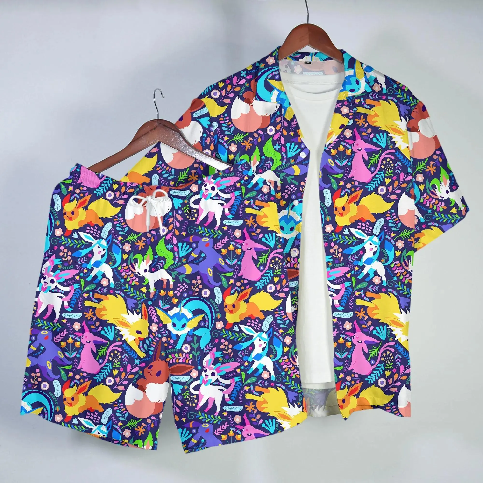 Umbreon Eevee Hawaiian Shirt Tropical Button Up Shirt Summer Beach Short Night Fantasy Pattern Matching Set Unisex Outfit Umbreon Shirt Gift