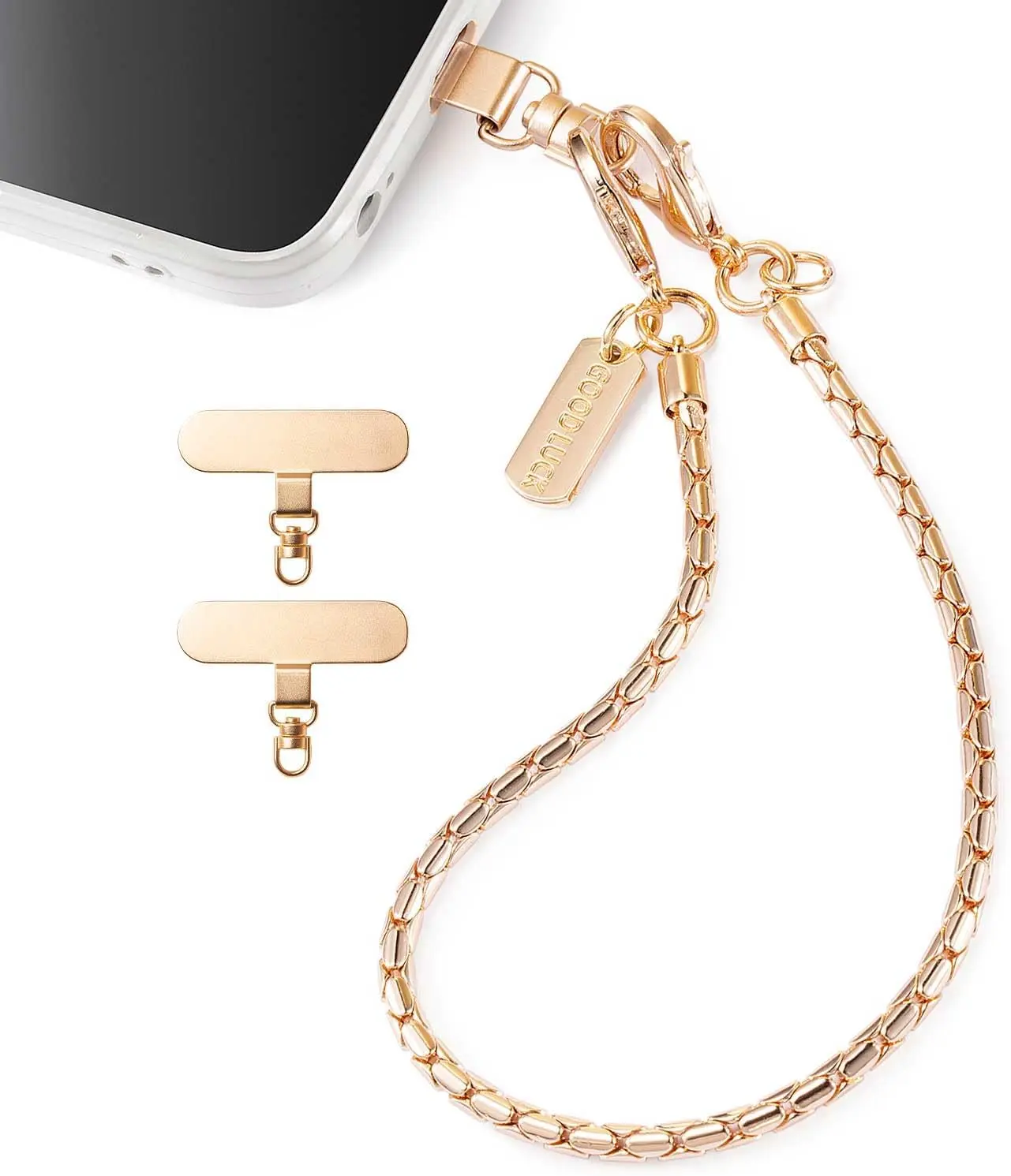 Wristlet Strap Copper Phone Lanyards Gold Detachable Metal Cellphone Safety Charms Wrist Bracelet 2 Tabs 1 Phone Leash Tether anti Theft for Iphone Case Chain Women Girl Shopping Traveling Sport SRDZ