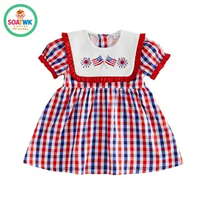 Little Girl 4th of July Dresses American Flag Firework Embroidered Short Sleeve A-line Gingham Dresses for Summer Spring