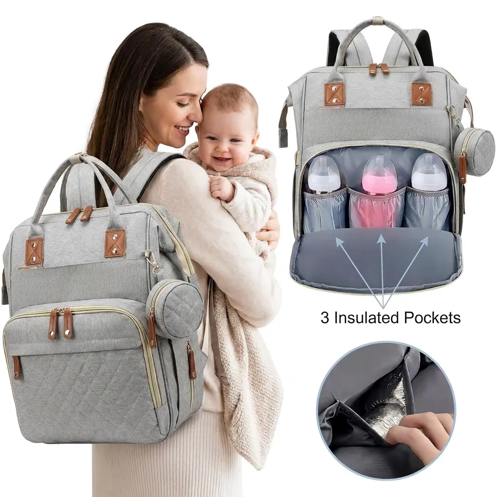 Waterproof Baby Travel Diaper Bag Backpack Large Foldable Changing Mat, USB Charging Port & Stroller Hooks, Practical Baby Shower Present