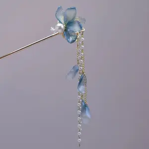 BLING EMPIRE Blue Blossom Tassel Hairpin, Elegant Wedding Hair Accessory for Women