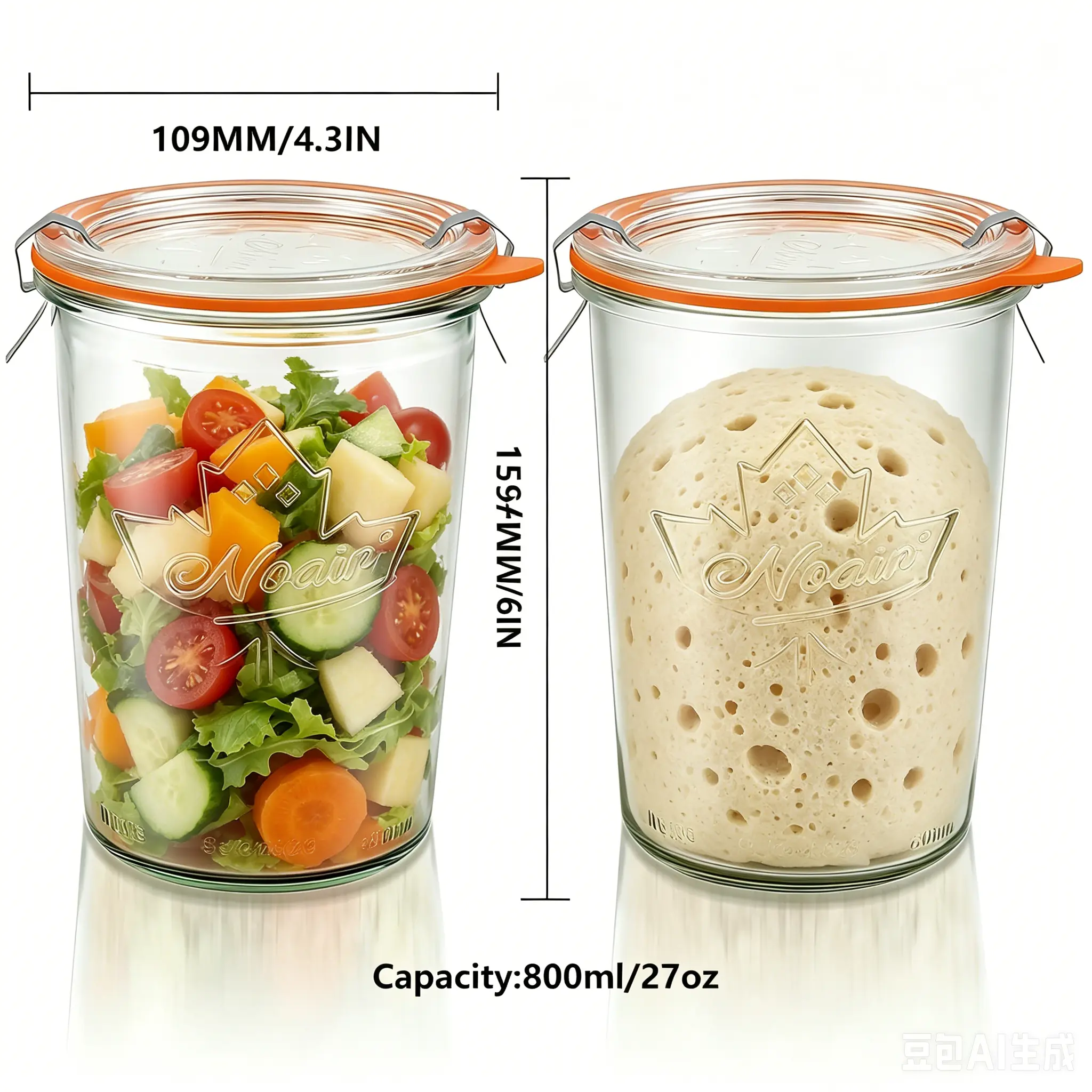 27 oz Wide Mouth Airtight Glass Canisters (2-Pack) - Sourdough Starter Jars with Glass Seal & Plastic Lids (2 Each), 800ML Storage Containers for Pickles, Yogurt, Canister