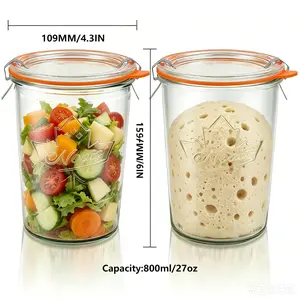 Canning Jars 27 oz 2 Pack, Sourdough Starter Jars with 2 Lids Per Jar (Choose two lids per jar: a glass seal and a plastic lid), 800ML Wide Mouth Airtight Glass Storage Containers for Pickles, Yogurt, Pasta, Cereal