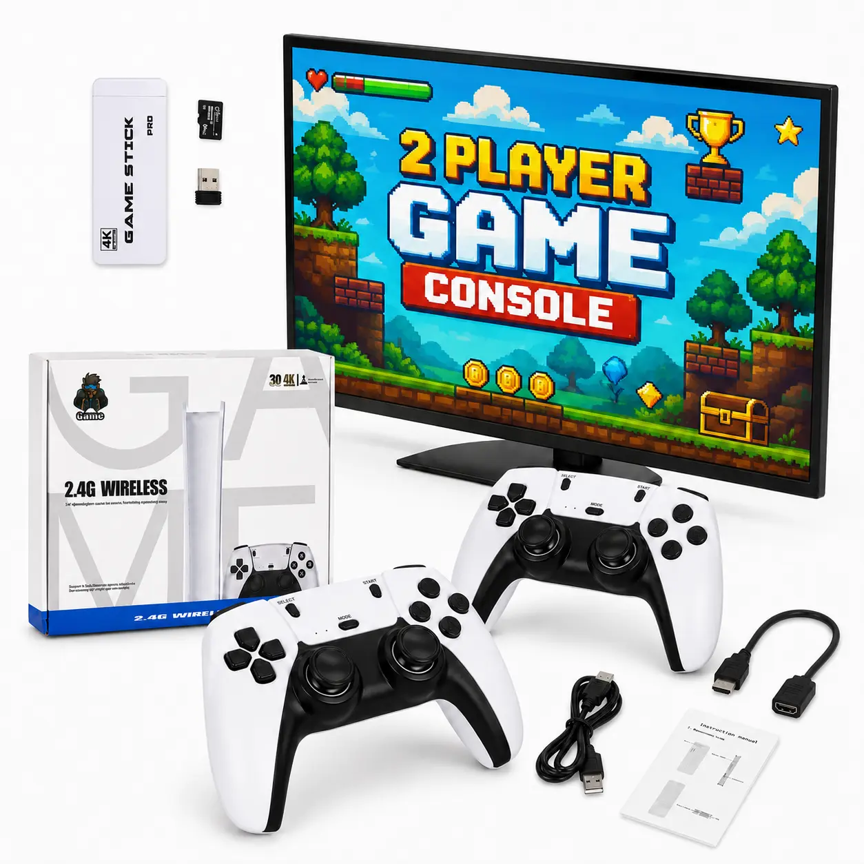 Retro Game Stick for TV, HDMI Plug & Play Gaming Console with 2 Wireless Controllers for Family Game Night