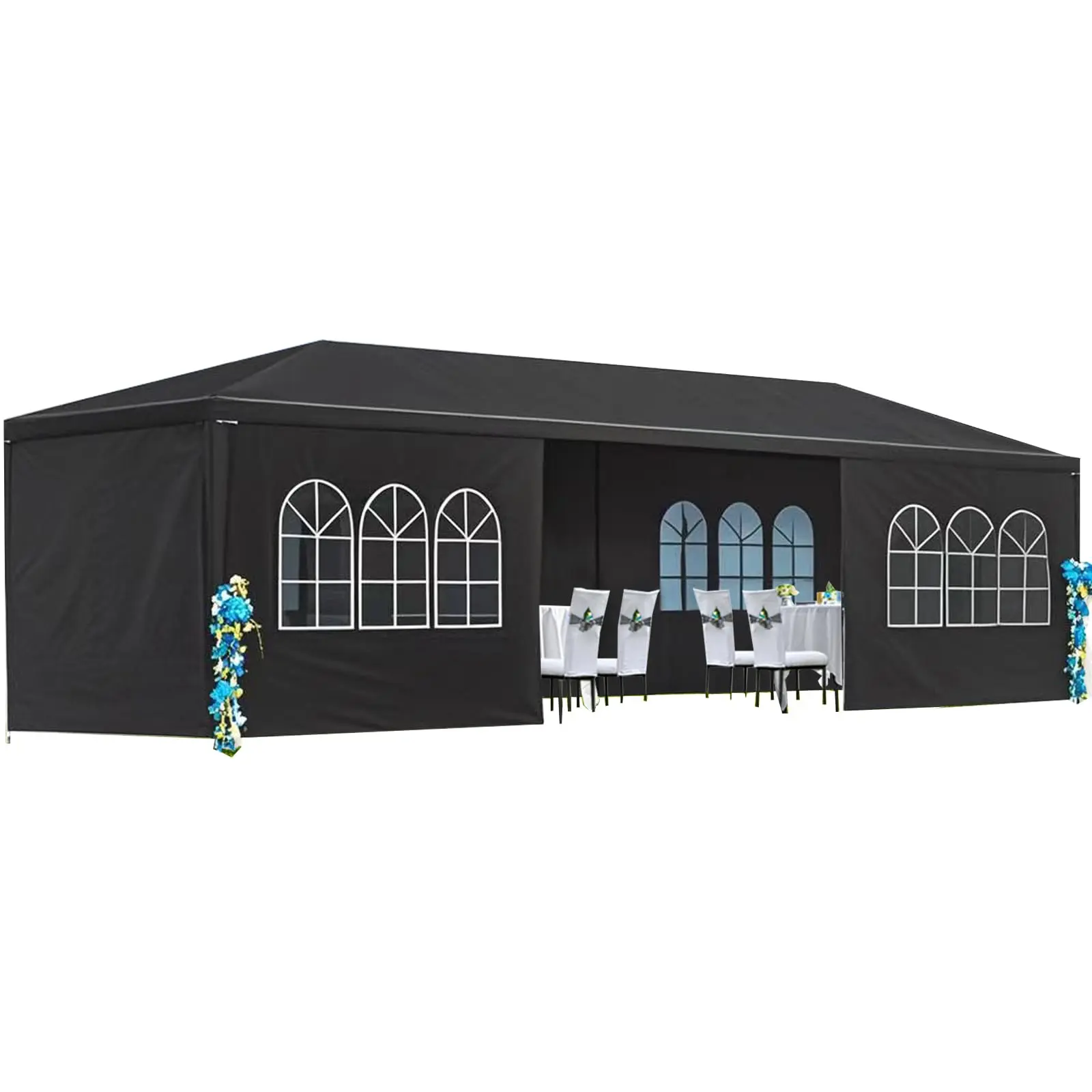 10'x30' Party Tent, Outdoor Wedding Canopy Tent with 8 Removable Sidewalls, Waterproof Heavy Duty Gazebo Shelter for Parties BBQ Events Garden Backyard Patio, Black