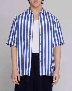 "Flowers" Button Up Shirt in Blue & White Bar Stripes