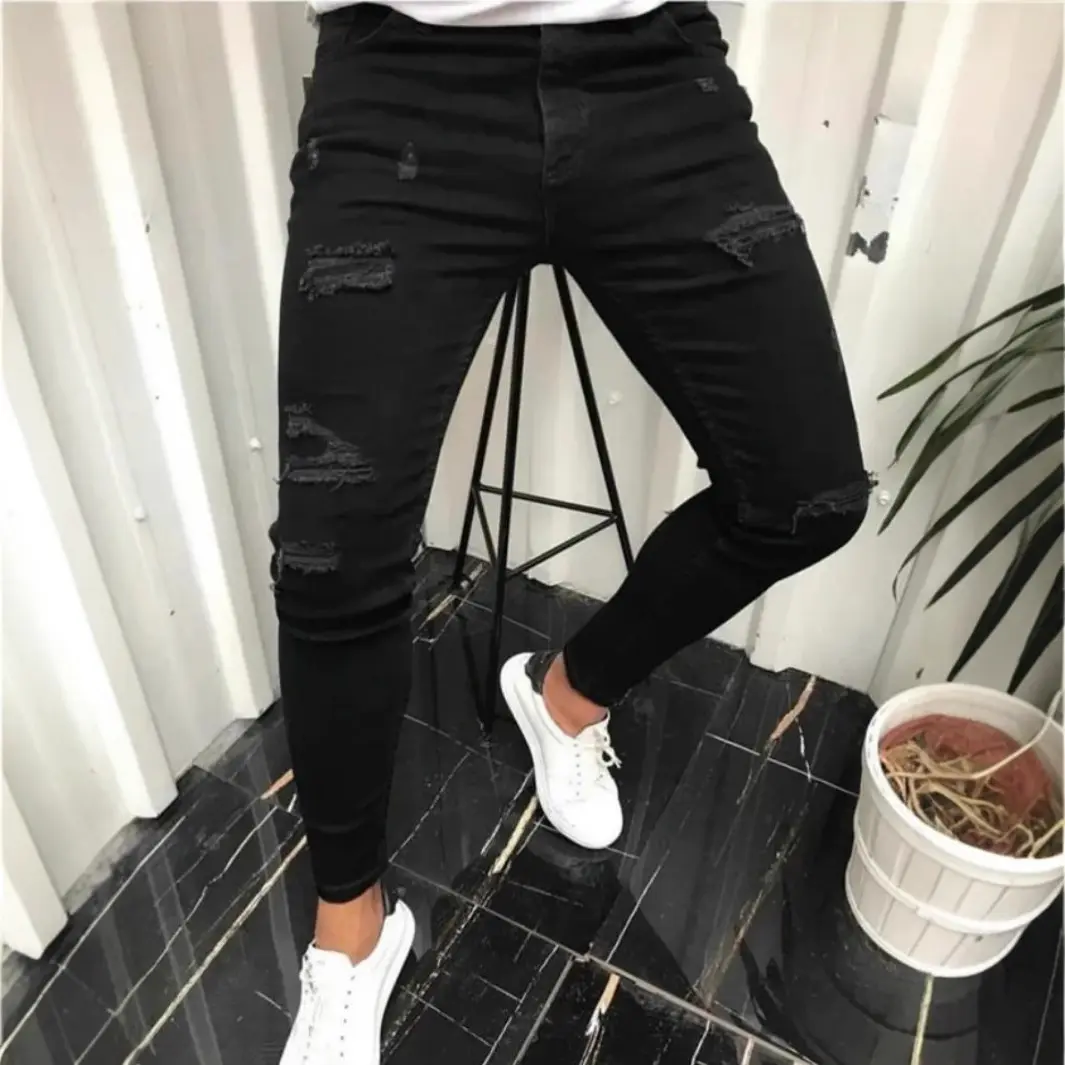 Men's Black Ripped Distressed Stretch Skinny Jeans, Dark Wash High Quality Slim Fit Denim Pants, Y2K American Streetwear Street Style Casual Trousers