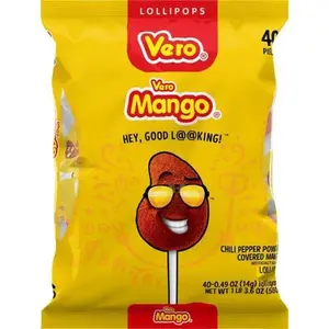 Vero Mango Lollipops Coated with Chili Powder, Hot and Sweet Candy Treat, Artificially Flavored, Net Wt. 1.39 Pound, 40 Count Bag