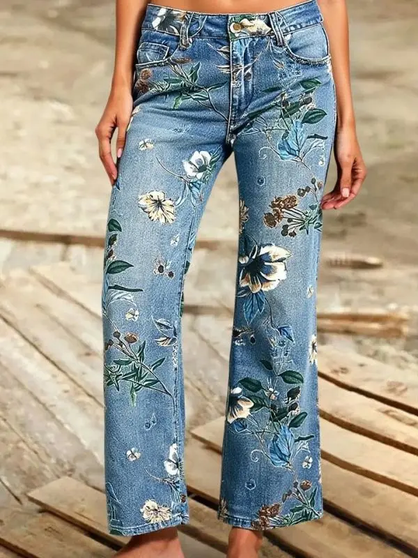 Women's Wide Leg Jeans, Loose-Fit Full Length Denim Bottoms for Petite Frames, Modern Casual Street Style, Garment