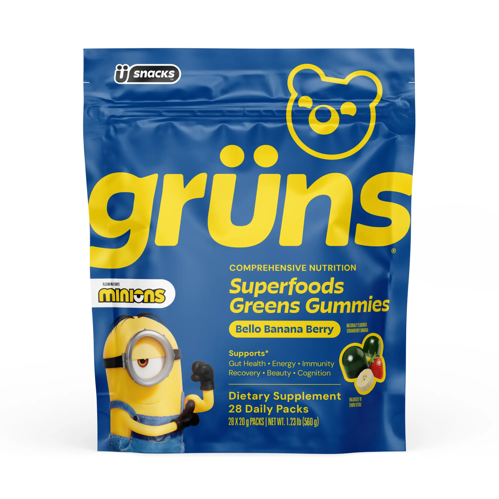 Grüns x Minions Bello Banana Berry (Limited Edition) Superfood Greens Gummies: Comprehensive nutrition with 60+ ingredients: 21 Vitamins and Minerals, 6g Prebiotic Fiber, Adaptogens, Gluten Free, Vegan, Third Party Tested