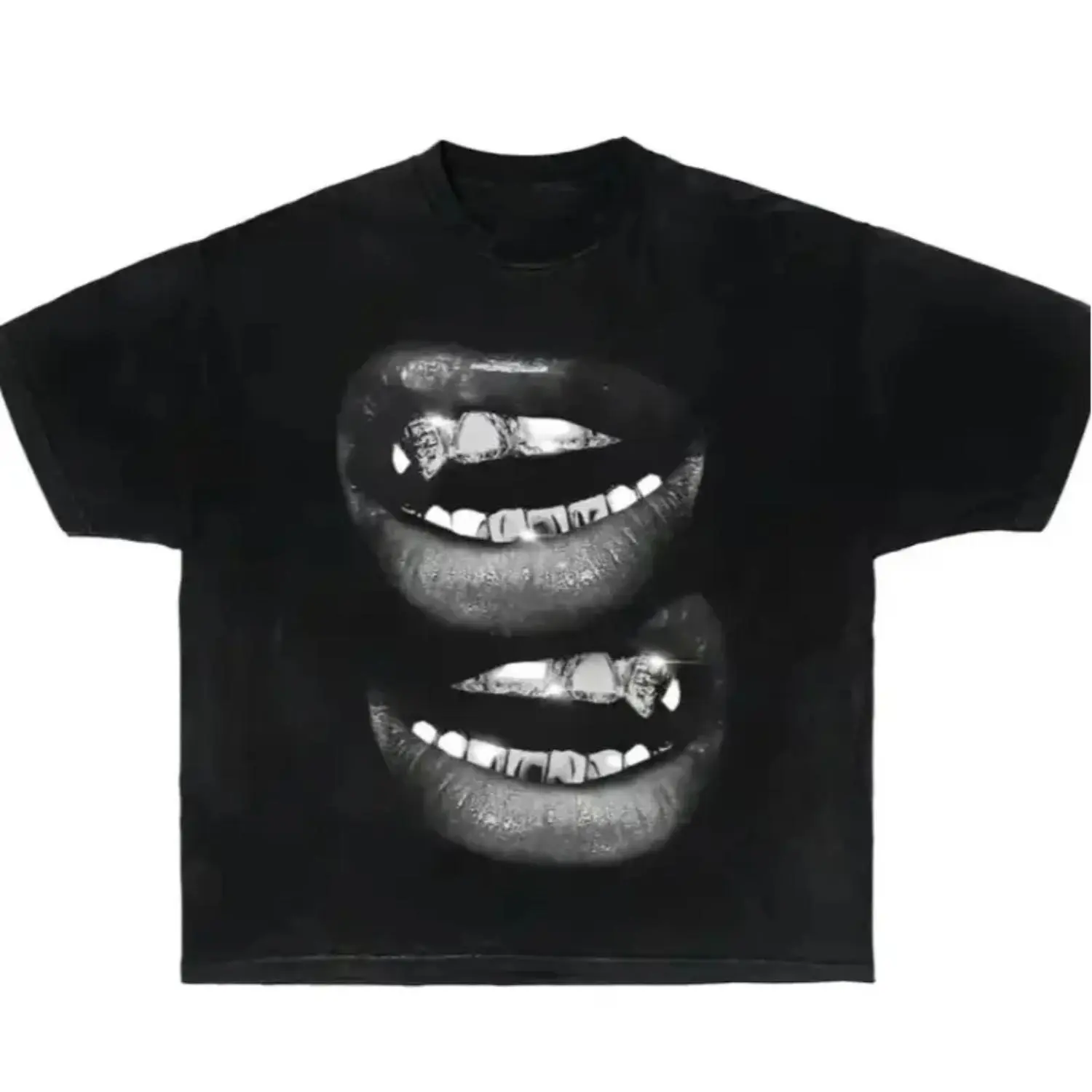 Women's Crew Neck Short-Sleeve Garment Dyed Boxy Fit Fang Mouth Graphic Cotton Blend T-Shirt - Machine Washable, All Seasons, Durable Stitching, Casual, Lightweight, Tshirt