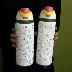 Floral Pattern Stainless Steel Vacuum Flask, 1 Count Portable Insulated Water Bottle with Straw, Leak Resistant Tumbler, Drinking Cup for Home Office School Outdoor Camping, Drinkware