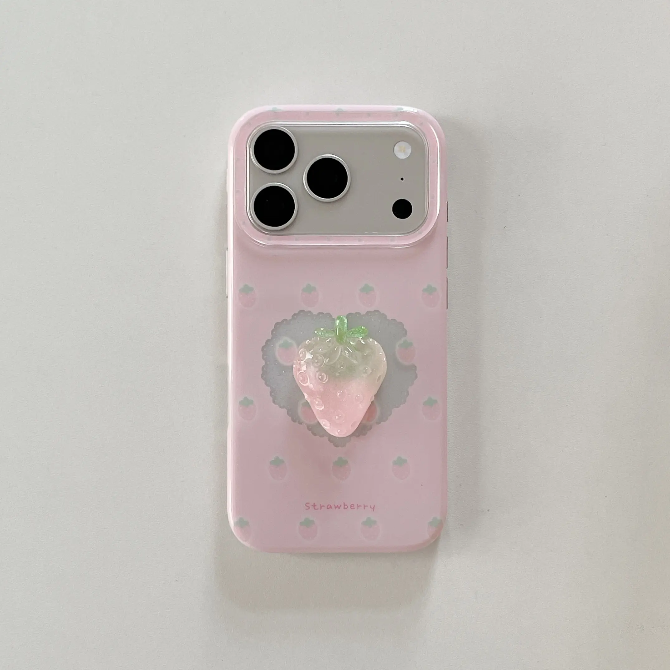 Blush Pink Gradient Plastic Strawberry Phone Case with 3D Popsocket Low Pro for iPhone 17 Pro Max - Shockproof Lens Protection Cover for Sweet Girls