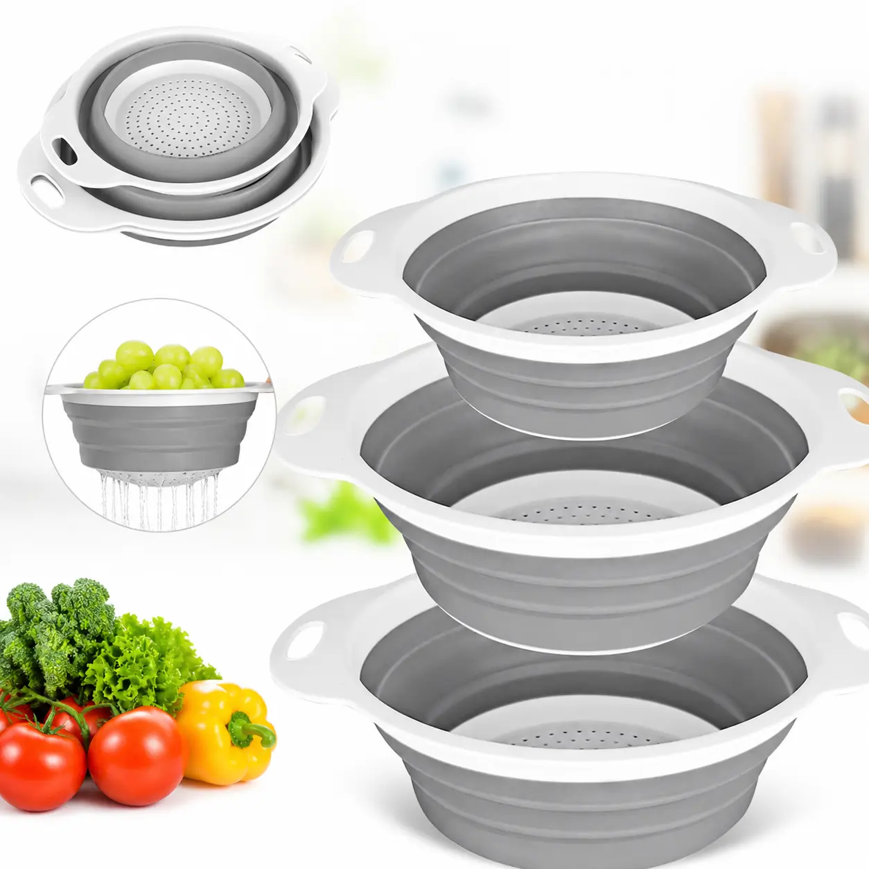 Collapsible Silicone Colander Set (3-Piece: 2x 4-Qt, 1x 2-Qt), Foldable Kitchen Strainer with Handles, Dishwasher-Safe Food Drainer Basket