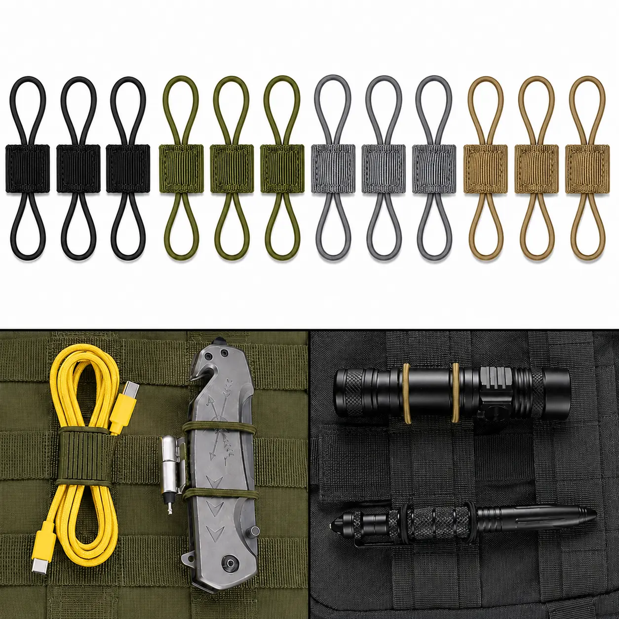 4-Color MOLLE Attachment Straps, Elastic Tactical Backpack Webbing Keepers, Multipurpose Gear Tie Loops for Flashlights, Cables, Tools and Outdoor Bags