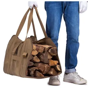 Waxed Canvas Heavy Duty Firewood Carrier Tote Bag for Logs Wood Carrying Fireplace Wood Stove Accessories Holder