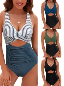 Womens One Piece Swimsuits Push Up Tummy Control Bathing Suits V Neck Cutout Modest Swimwear #SwimWeek