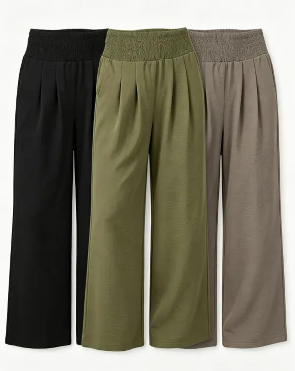 3PCS Set Women Smocked High Waist Pleated Wide Leg Cropped Pants