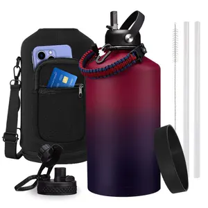 Large Insulated Metal Water Bottles with Straw & Flip Auto Lid, 32 40/64/128 oz Stainless Steel Water Jug with Handle Paracord, Shoulder Carrier Bag, BPA-Free