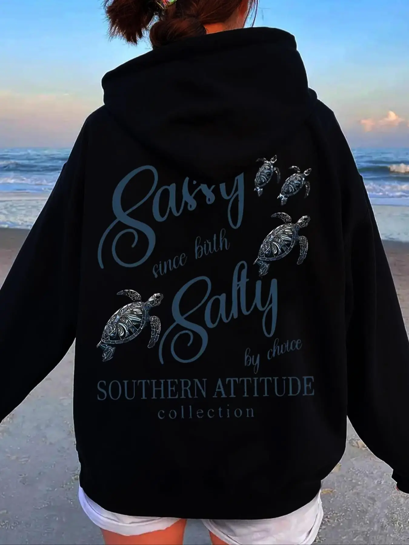 Women's Sea Turtle & Letter Print Drawstring Hoodie, Casual Long Sleeve Kangaroo Pocket Hooded Sweatshirt for Fall & Winter, Women's Clothes for Daily Wear, Graphic Print Hoodie