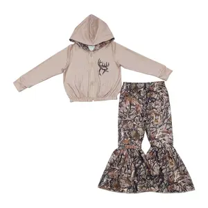 Girls' Silk Tree & Deer Camo Hooded Long-Sleeved Zip-Up Pantsuit, Flared Pants, Elk Brown, Casual Kids' Suit
