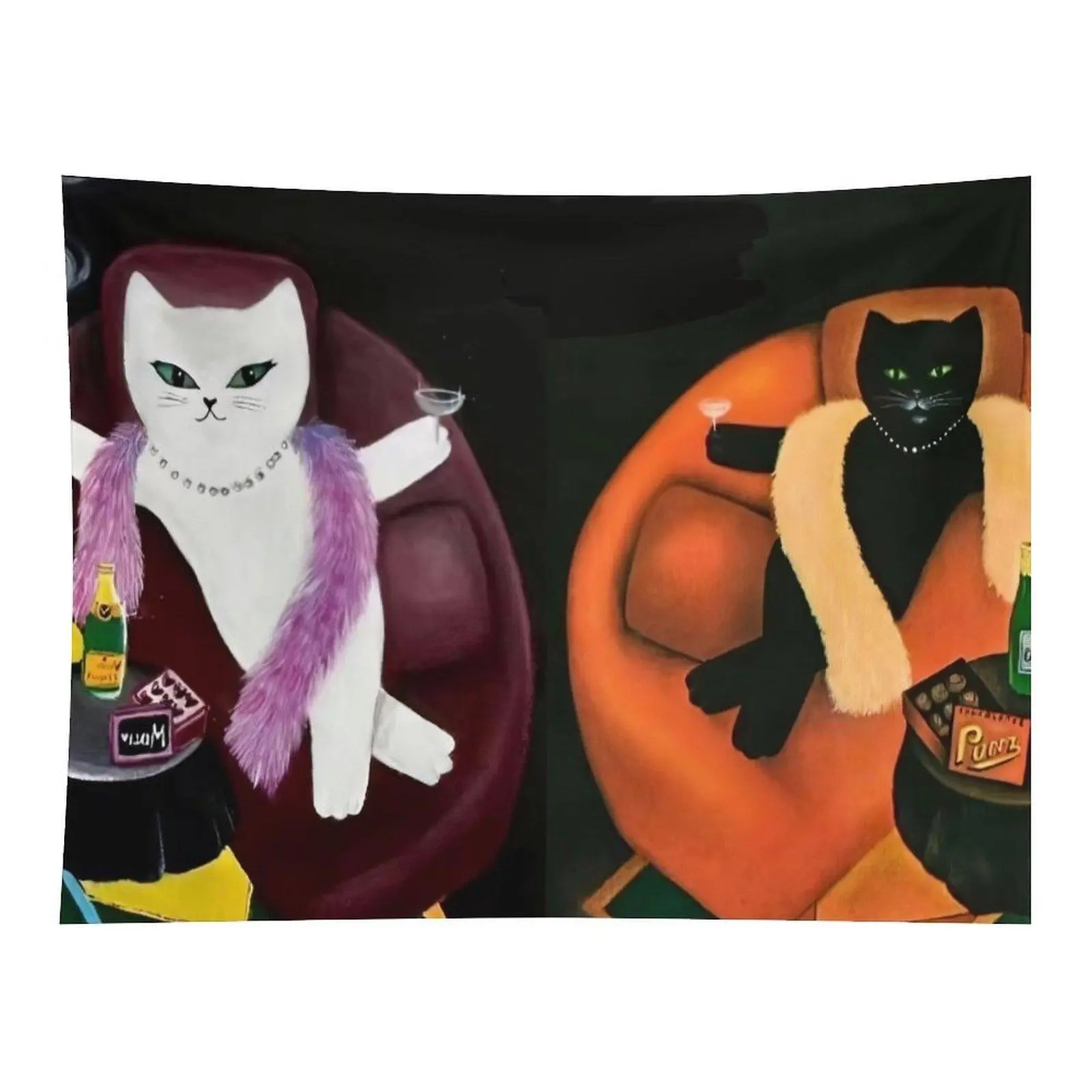 Chic Party Cats Drinking Champagne Wall Tapestry Stylish White Black Cat Cartoon Illustration Wall Hanging for Fun Room Decor