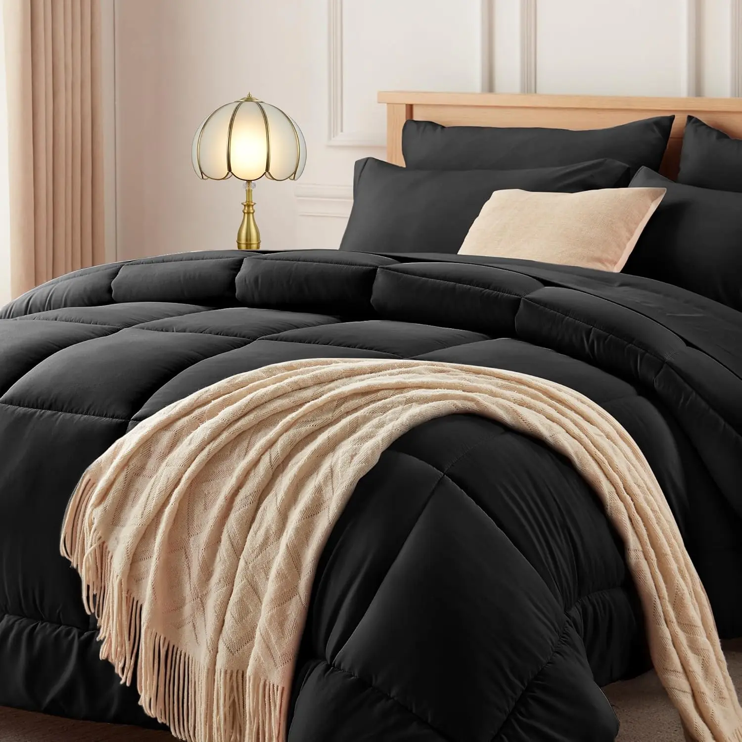Twin Comforter Set Black - Bed in a Bag Twin Size 5, All Season Bed Set, Fluffy Comforter Set with Sheets, Sheet Set Quilt Blanket, Pillowcases & Shams