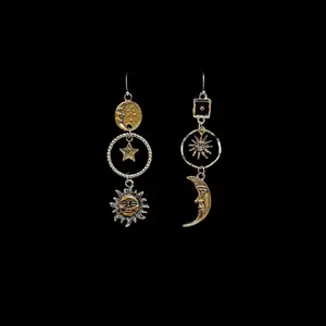 [LebijouLab] Vintage Sun Moon Asymmetric Dangle Earrings | Boho Celestial Drop Earrings for Women | Gothic Astrology Statement Earrings | Bohemian Celestial Sun Moon Star Earrings | Vintage Asymmetric Dangle Earrings Gift for Her