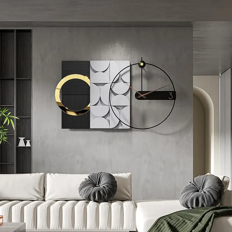 Homary 30" Large Metal Geometric Square Wall Clock with Wood Pointers, Circle Accents, Hanging Room Wall Decor, Black & Gray