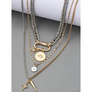 Metal simple gold and silver two-color multi-layer necklace, personalized exaggerated trendy eye pendant multi-layer stacking necklace for women, fashionable and versatile, suitable for daily wear during the back-to-school season, and a gift for Teacher's