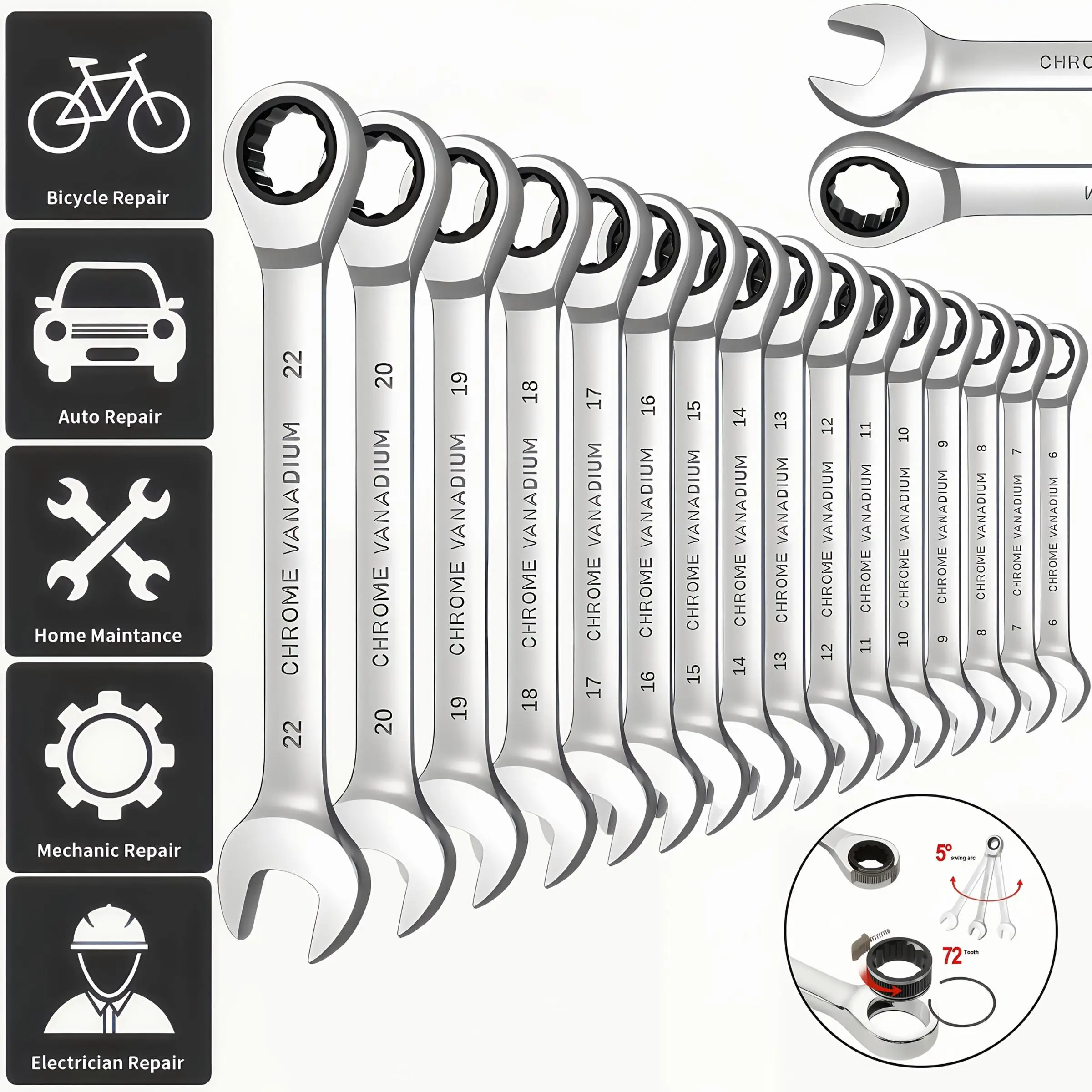 12mm 72-tooth Ratchet Wrench, Durable Metallic Manual Tool, Suitable for Car, Bicycle, Motorcycle, Home Equipment Repair