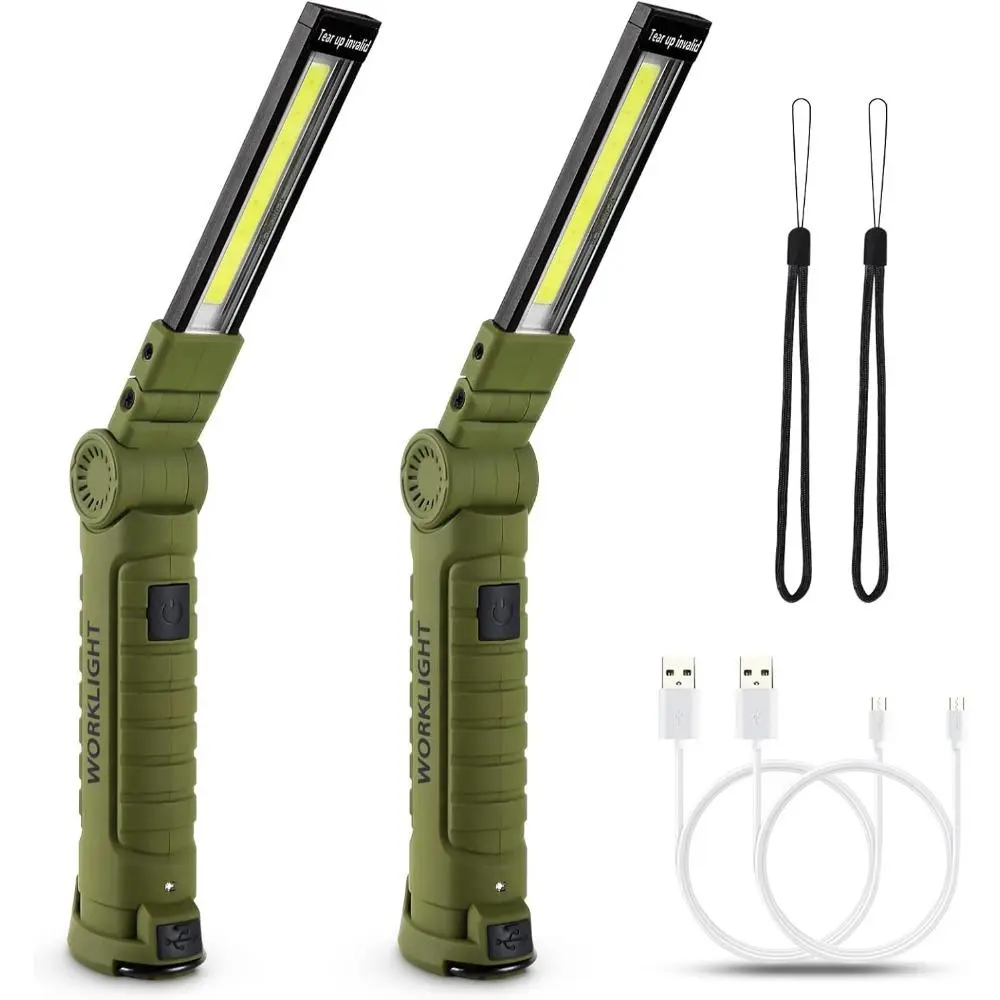 2-Pack Compact Rechargeable Battery LED Work Lights Flashlights - 360° Rotatable Head, 5 Multi-Mode Switch, Magnetic Mount, Rubber Body, USB Port, USB Cable, Outdoor Ready, Car Repair Use, Dad Gifts for Handymen