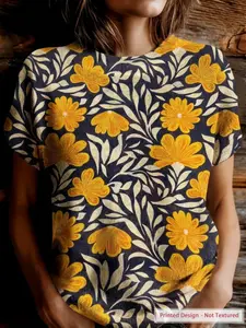 Women's Slim Fit Summer Short Sleeve Top, Knitted Round Neck Breathable Pullover, Floral Printed Pattern, Casual Fashion Shirt