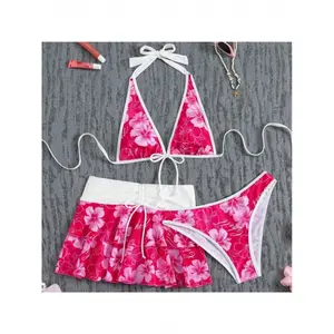 1pc a New Pink Floral Three-Piece Bikini Set with Straps peony swim one piece