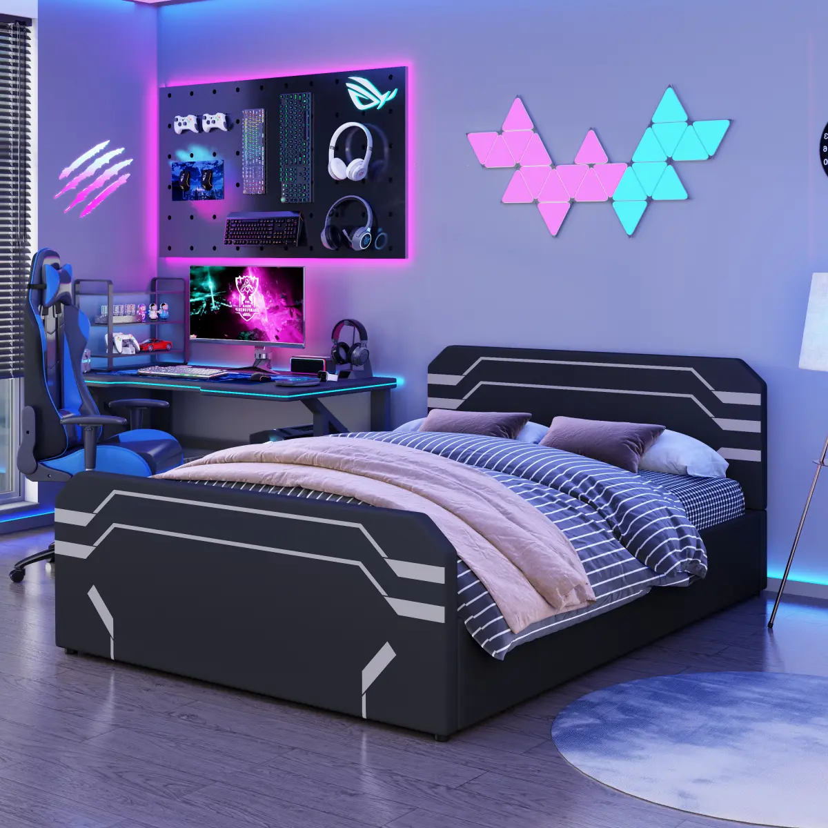 [Bellemave] Queen Size Upholstered Gaming Bed with Side-Lift Hydraulic Storage System, Cyberpunk Style Platform Bed with Futuristic Pattern for Gamers﻿