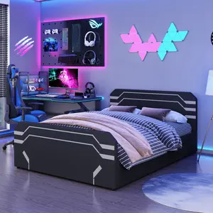 [Bellemave] Queen Size Upholstered Gaming Bed with Side-Lift Hydraulic Storage System, Cyberpunk Style Platform Bed with Futuristic Pattern for Gamers﻿